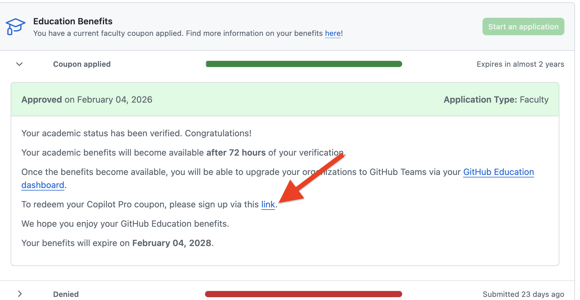 GitHub Education Benefits page showing approved coupon