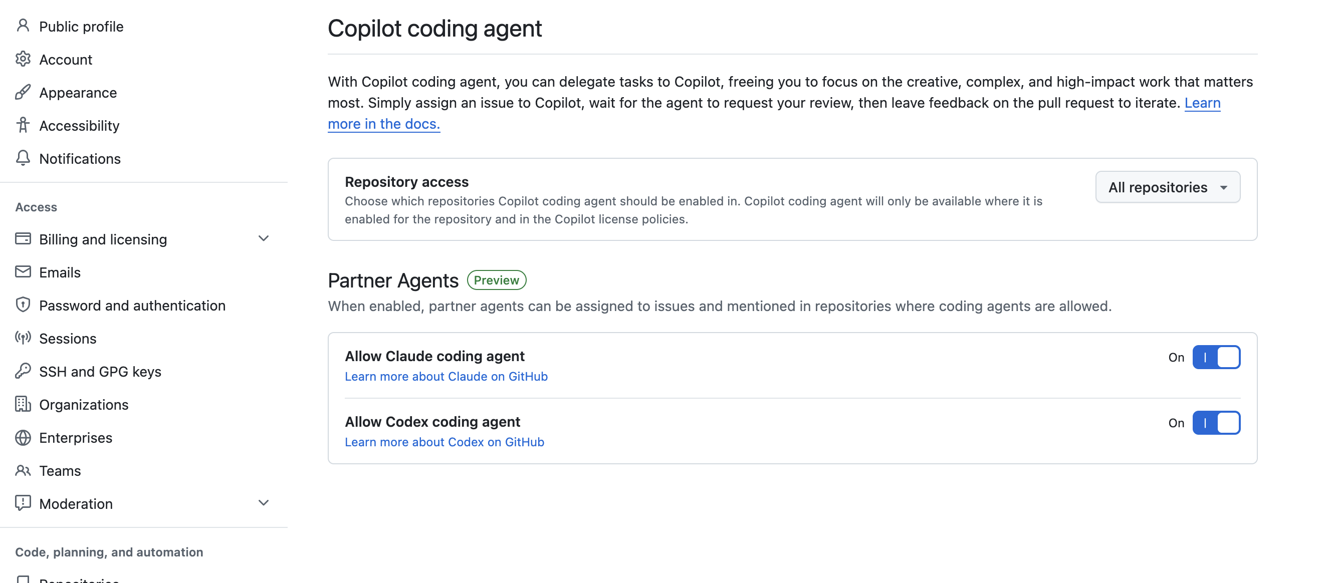 Copilot coding agent settings showing repository access and partner agents