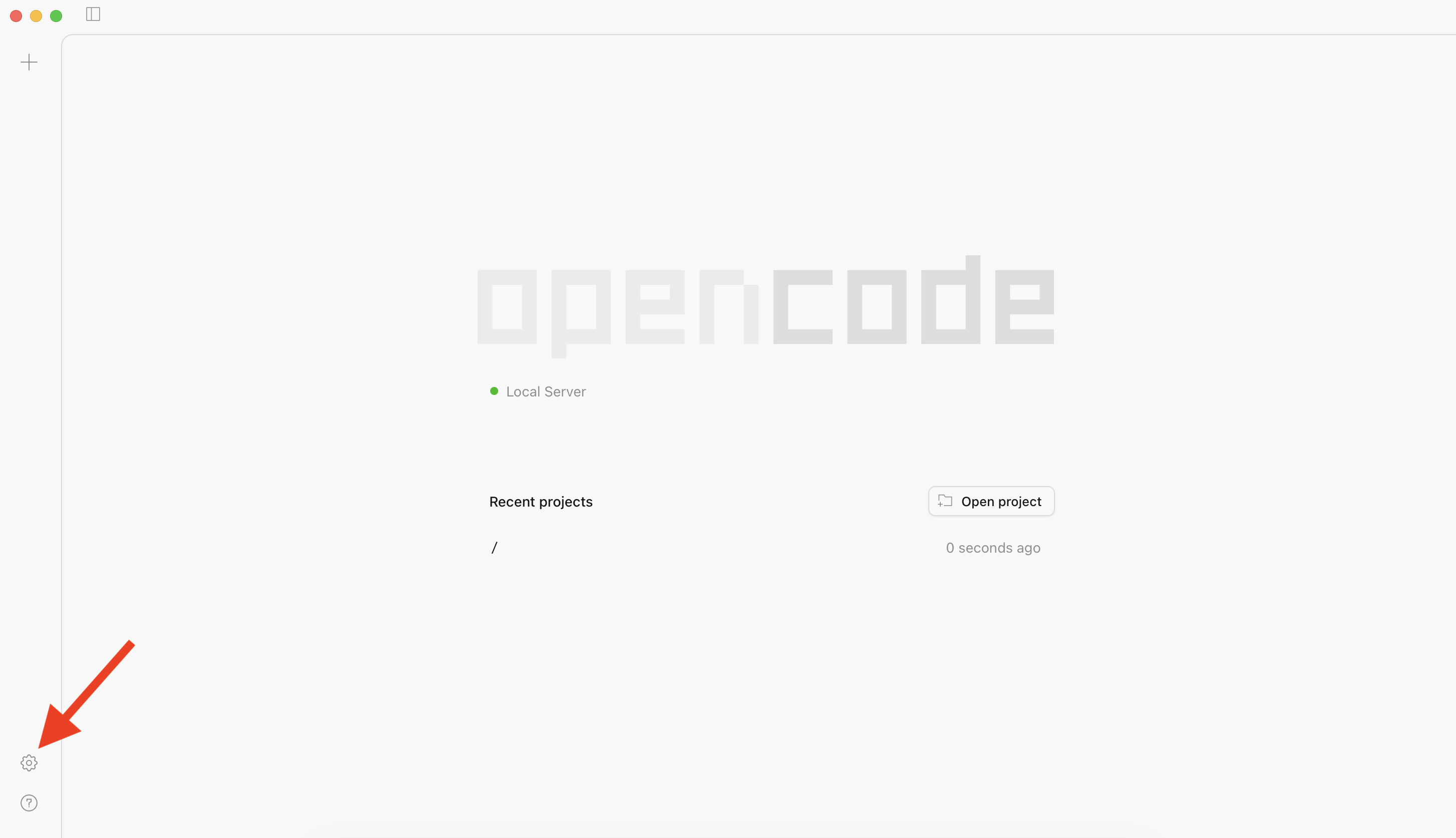 OpenCode home screen with Settings gear highlighted