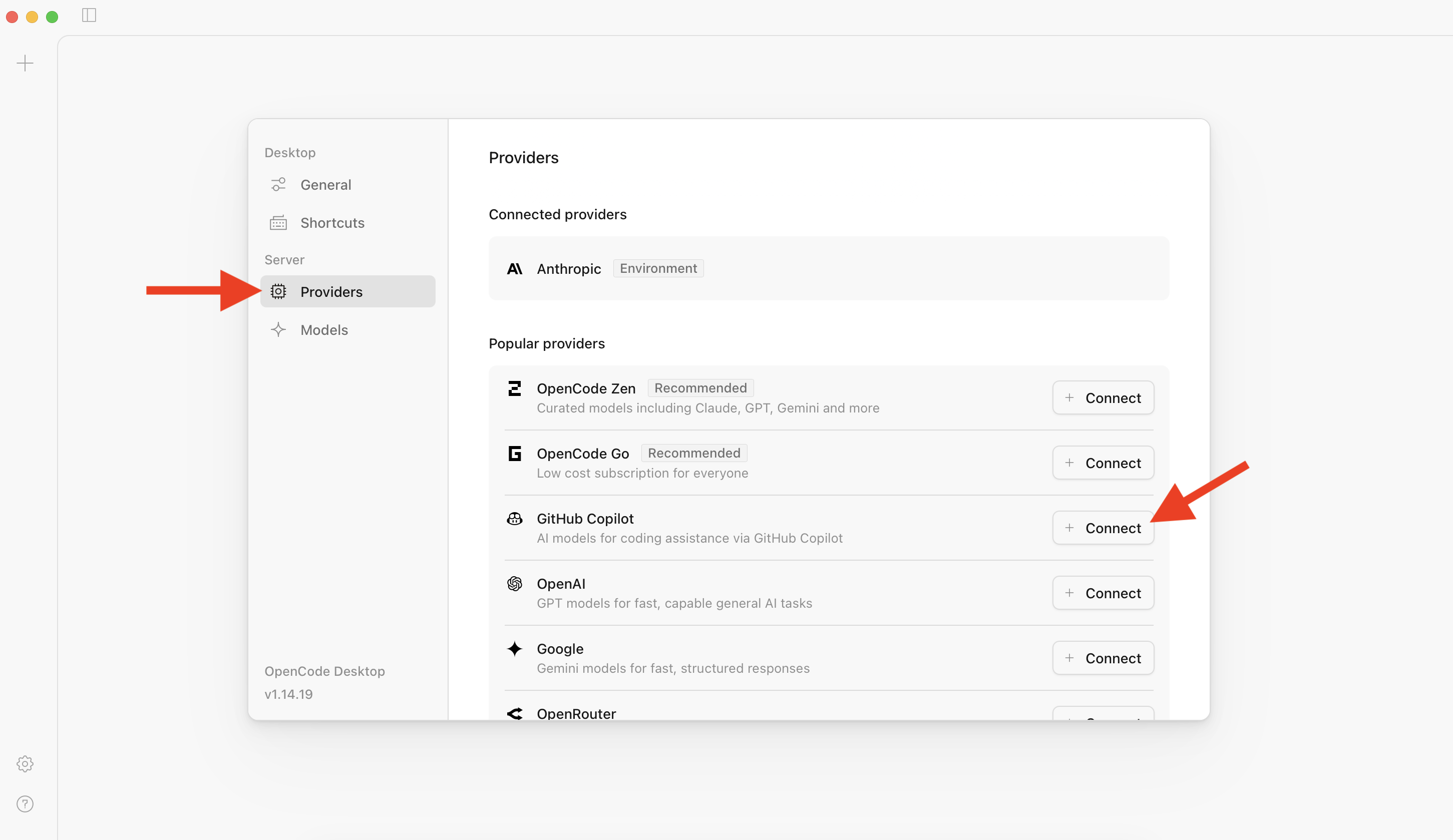 Providers list with GitHub Copilot selected