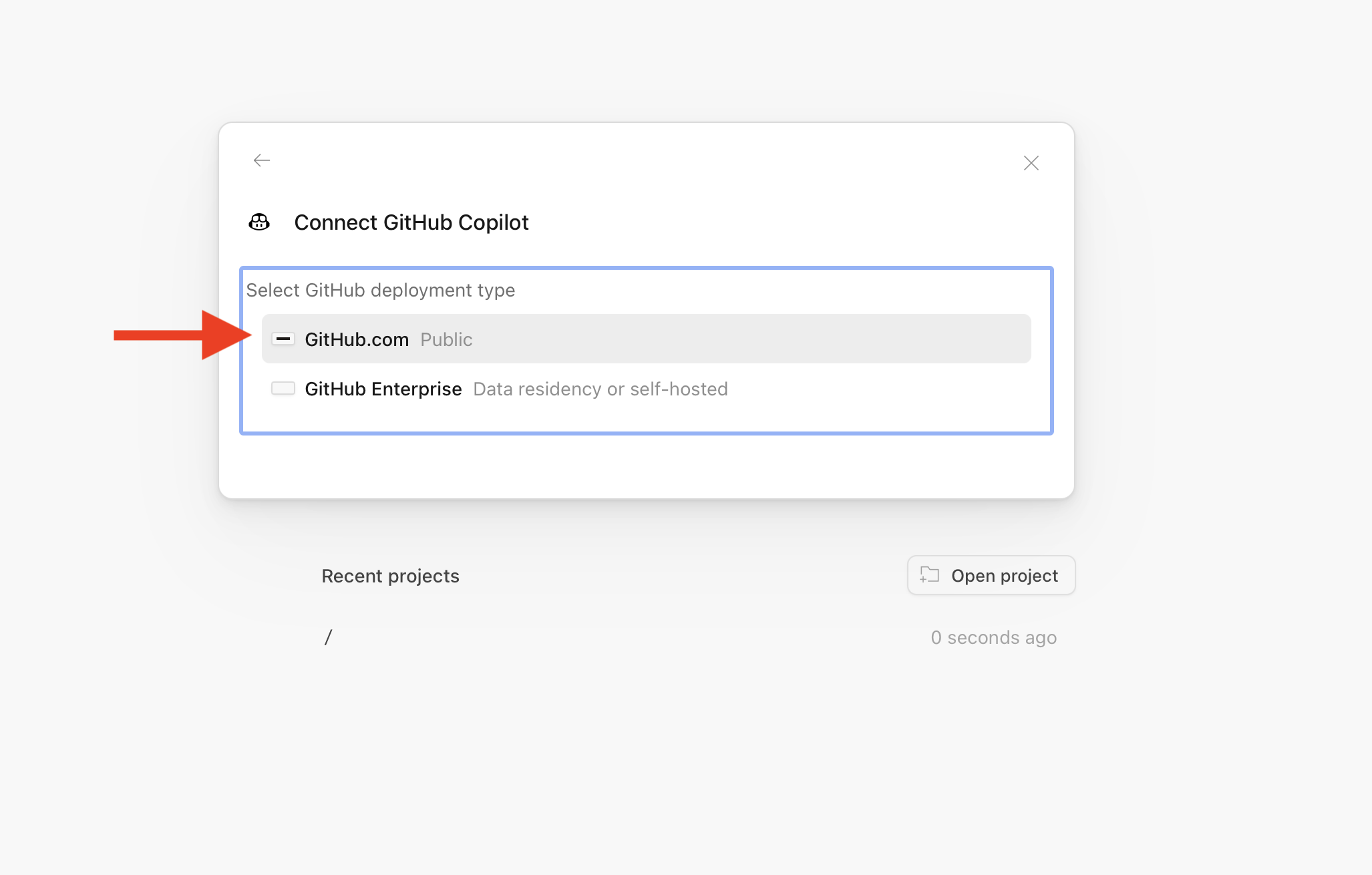 Copilot provider panel with github.com link