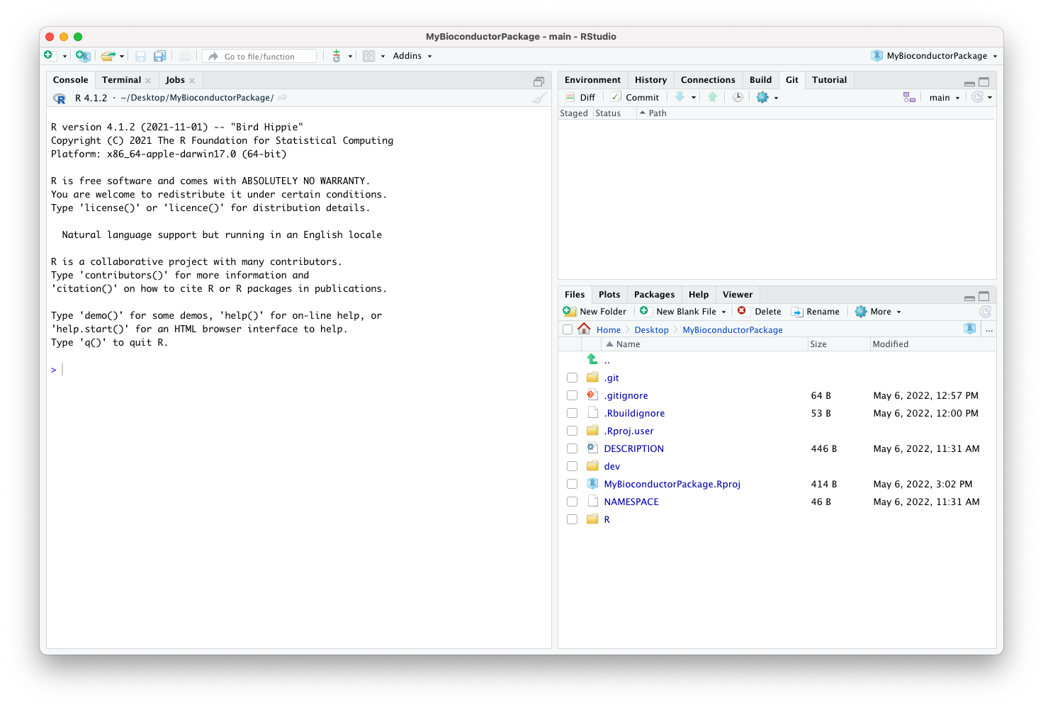 View of the RStudio application after activating git version control.